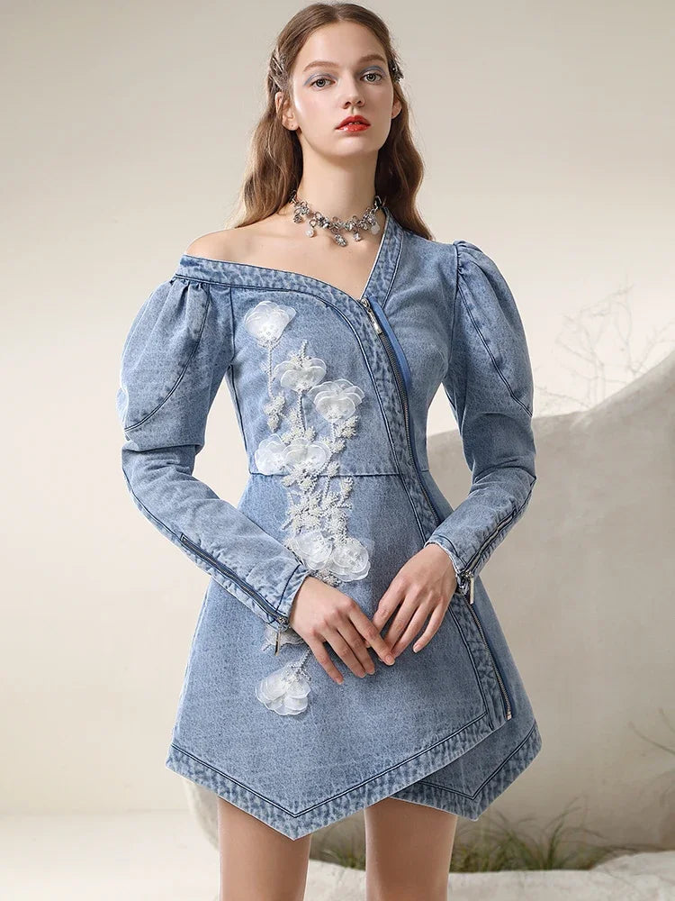 jinran Spring 2024 New Irregular Sexy Cold-Shoulder Mesh Flower Famale Dress New Chinese Style Denim A-LINE Women Dresses