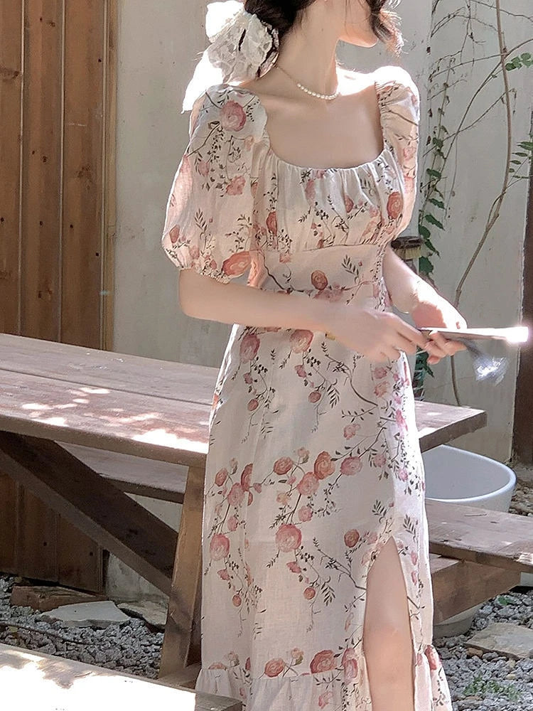 jinran French Elegant Vintage Dress Women Summer Short Sleeve Beach Style Floral Midi Dress Chic One Piece Dress Korea Women Party