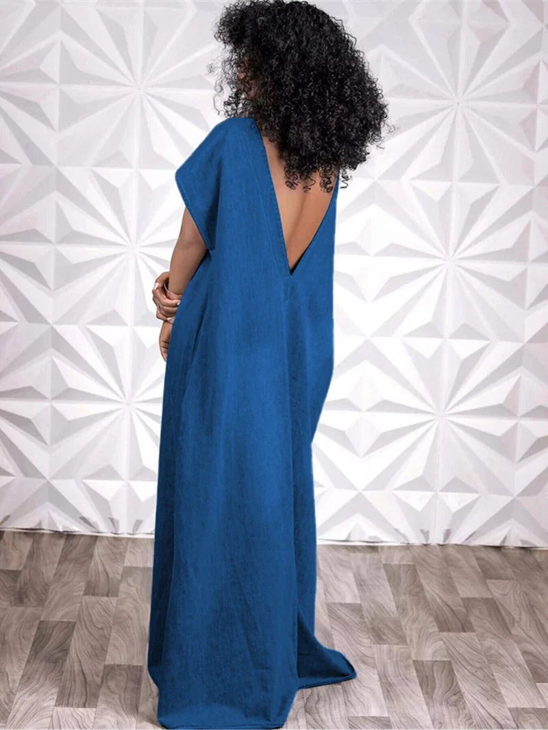 jinran Vintage Denim Dresses for Women Summer Clothing Batwing Short Sleeve V-Back Maxi Long Dress Casual Loose Jean Dress Robe Femme