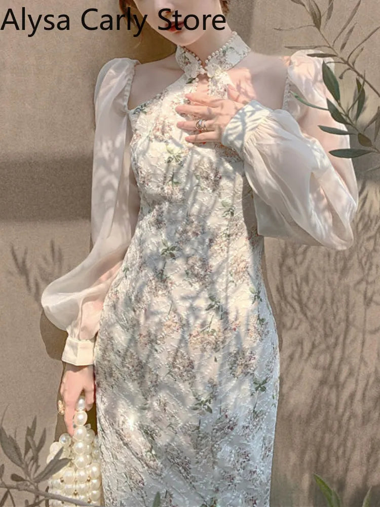 jinran Vintage Elegant Cheongsam Dress Women Floral Embroidery Design Party Fairy Dress Female 2024 Spring Court Retro Long Split Dress