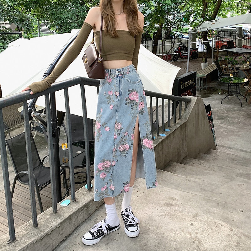 jinran Spring And Summer Trendy Flower Split Denim Skirt Women's 5XL Slightly Fat MM Thin Bag Hip Mid-length A-line Skirt