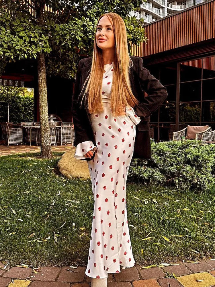 jinran Women's 2024 Autumn O-Neck Long Sleeve Floral Print Satin Bodycon Maxi Dress For Ladies Elegant Slim Evening Dress