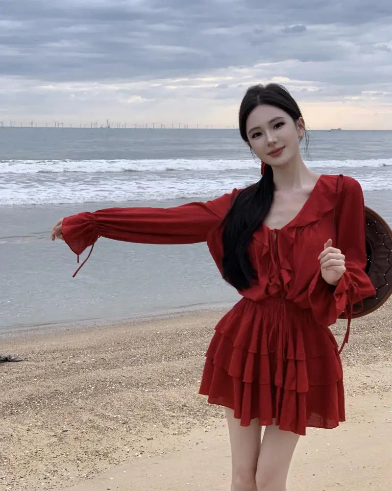 nvxiot - Autumn Set Women 2024 New Two-piece Suit Red V Neck Long Sleeve Ruffles Lace-up Blouses And High Waist Pleated Half Short Skirts