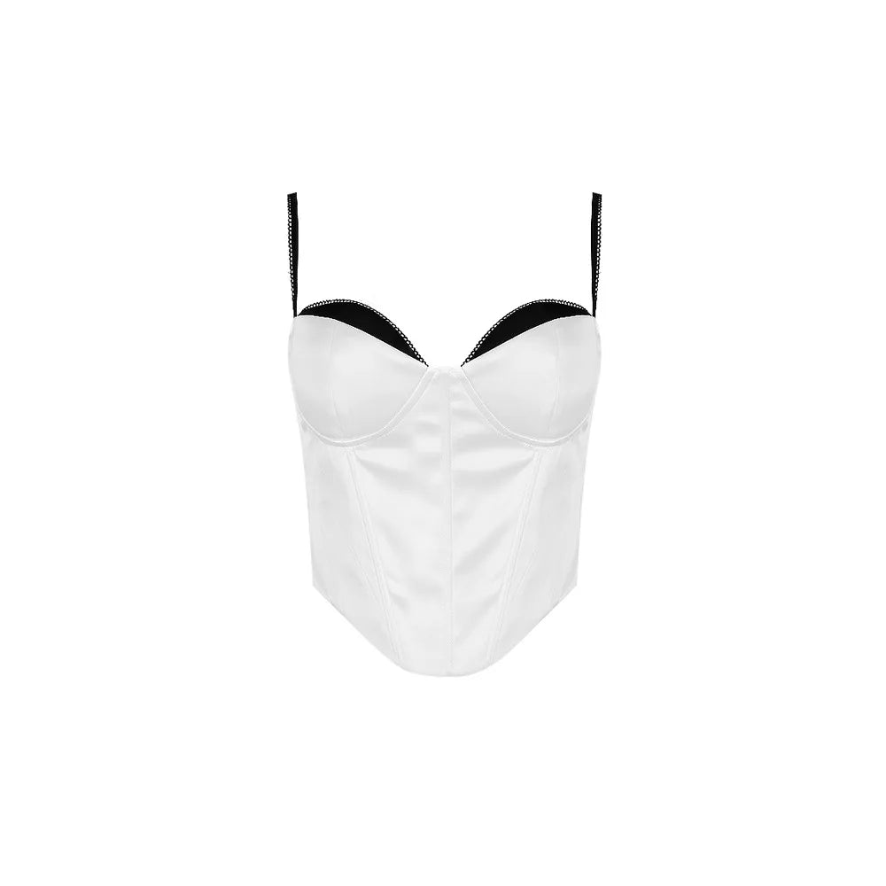 jinran Thick Satin Bustier Corset Crop Top with Chest Pads Spaghetti Strap White Bodycon Top Summer Women Tops with Fishbone