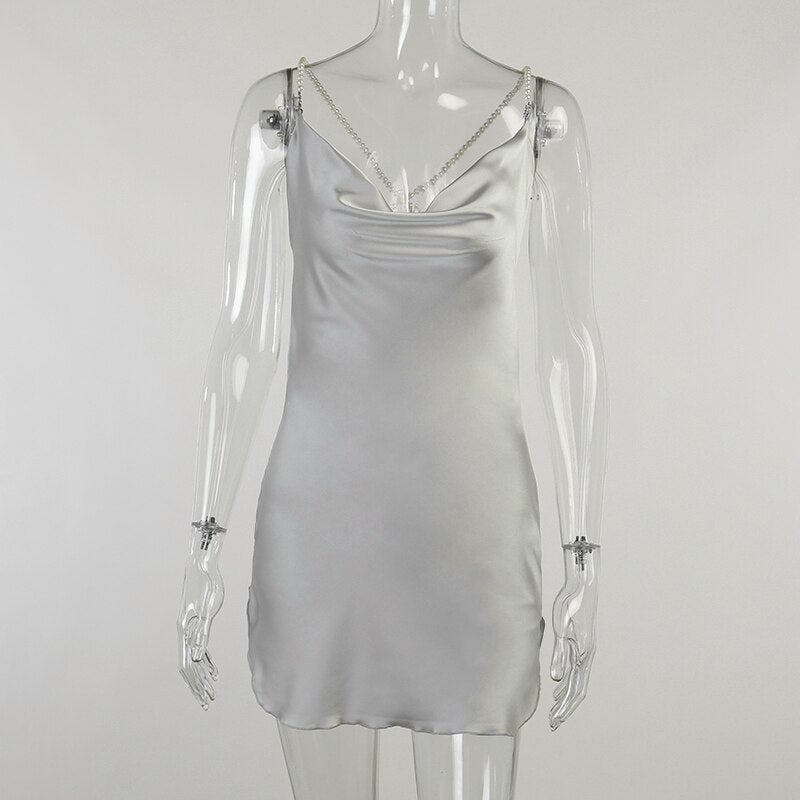 jinran Silk Strap Mini Dresses Backless Solid Color Criss Front Pearl Sexy Summer Sexy Party Sleeveless Dresses Clubwear 2021