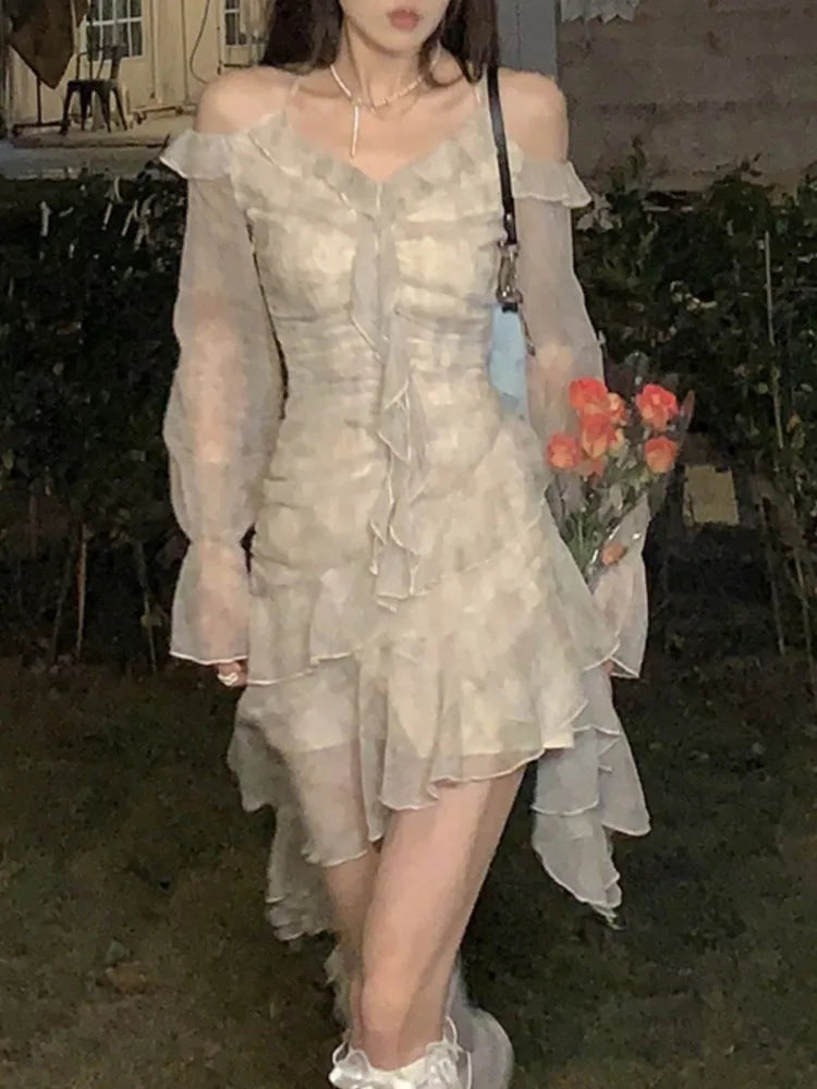 jinran Y2K Ruffles Irregular Short Dress Women Summer New Tie Dye Flare Sleeves Spring Elegant Party Dress Prom Robe Halter Vestidos