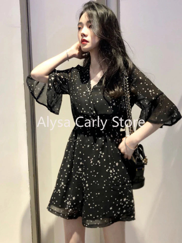 jinran Korean Elegant Chiffon Mini Dress Women Sexy V-neck Floral Fairy Dress Female 2024 Summer Fashion Casual Evening Party Dress Y2k
