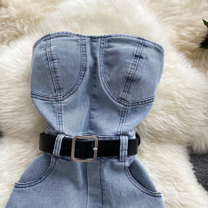 jinran Summer Rompers Women Jeans Jumpsuit off shoulder Loose Casual Denim Rompers Womens Jumpsuits Wide Leg Casual Denim Overalls
