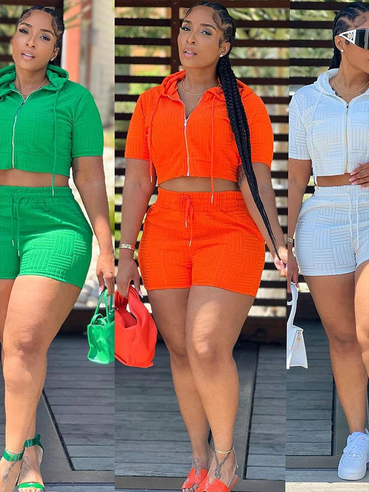 jinran Hooded T-shirts 2 Piece Sets Women Summer New Short Sleeve Cotton Tops And High Waist Shorts Suit Zippers Fashion Casual Outfits