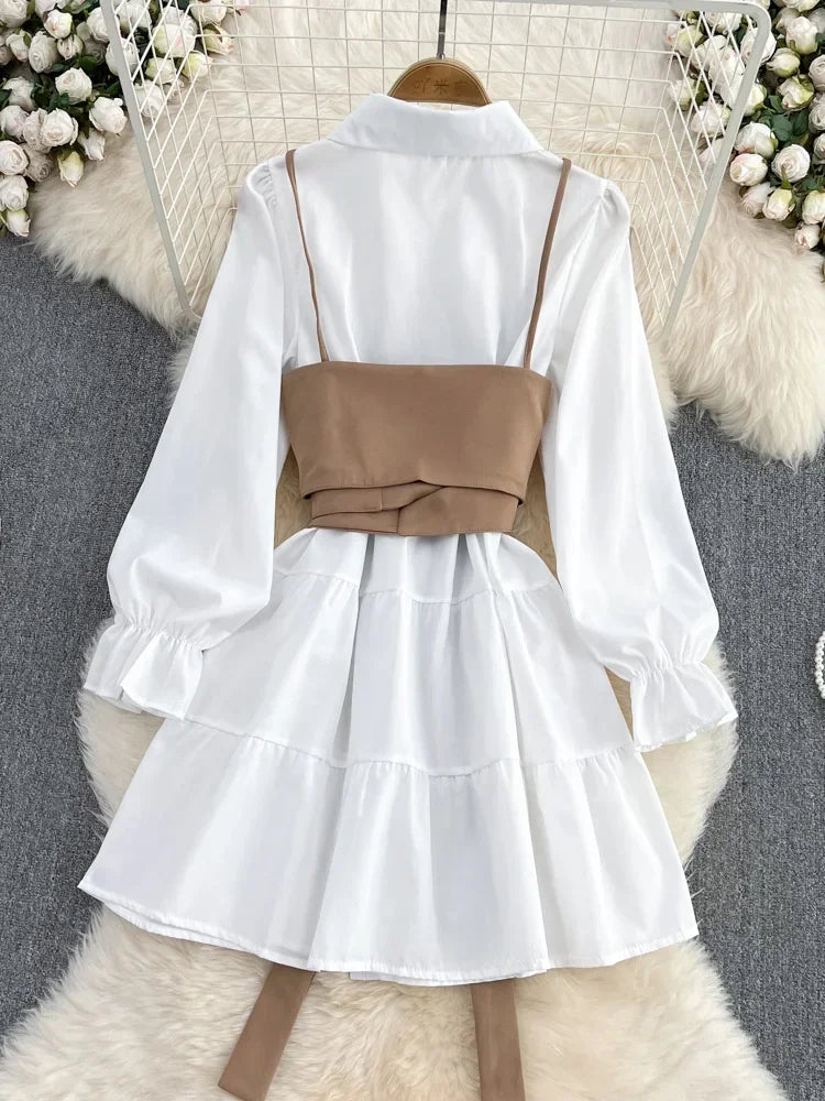 jinran Spring Autumn New Fashion Casual Suit Female Korean Loose White Shirt Dress Slim Vest Dress Two-piece Set GD786