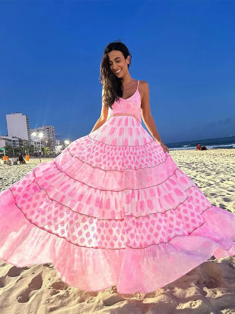 jinran Print Ruffles Oversized Hem Women Dress Fashion Loose Long Backless Sling Vestidos Spring Summer Casual Beach Female Robe