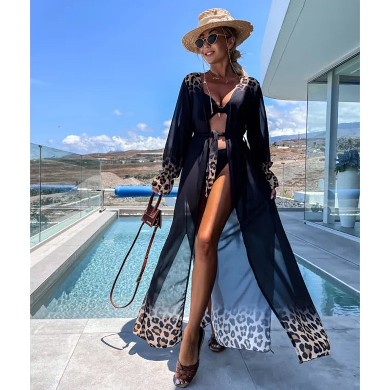 jinran Enchantment Swimsuit Cover Up Kaftan Dress Print Chiffon Kimono Summer Women Beachwear Beach Cover-up Cardigan Outfits