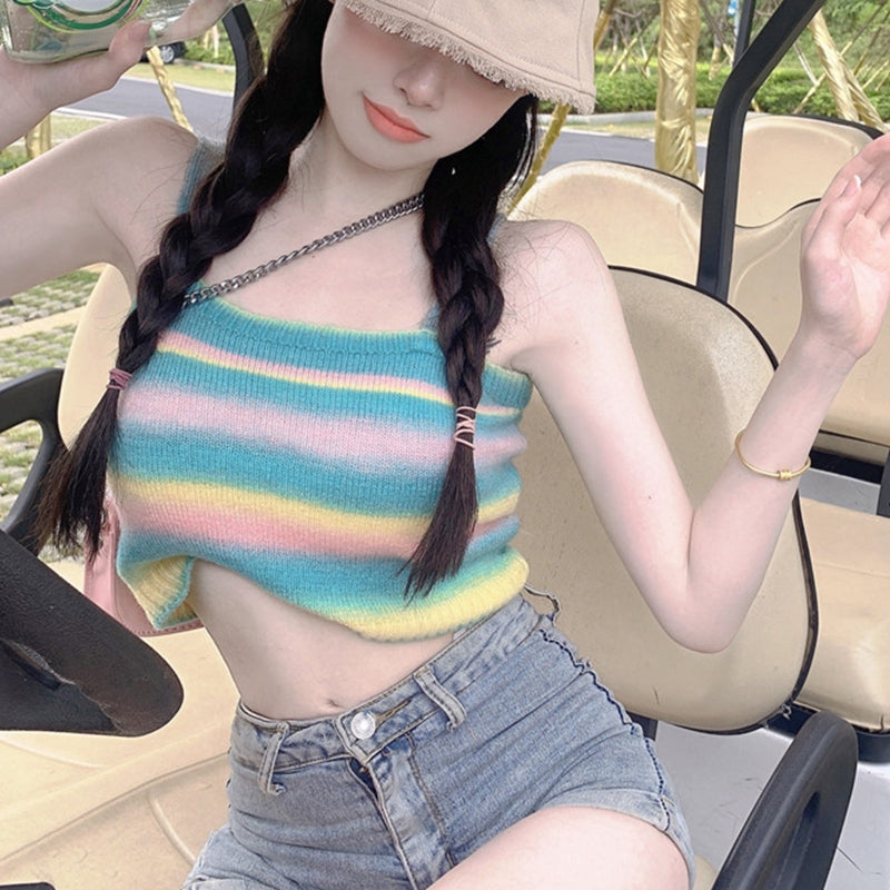jinran Women Rainbow Striped Crop Tops Female Knitted Sleeveless Tank Tops Summer Camisoles Sweet Girls Casual Party Daily Club Vest