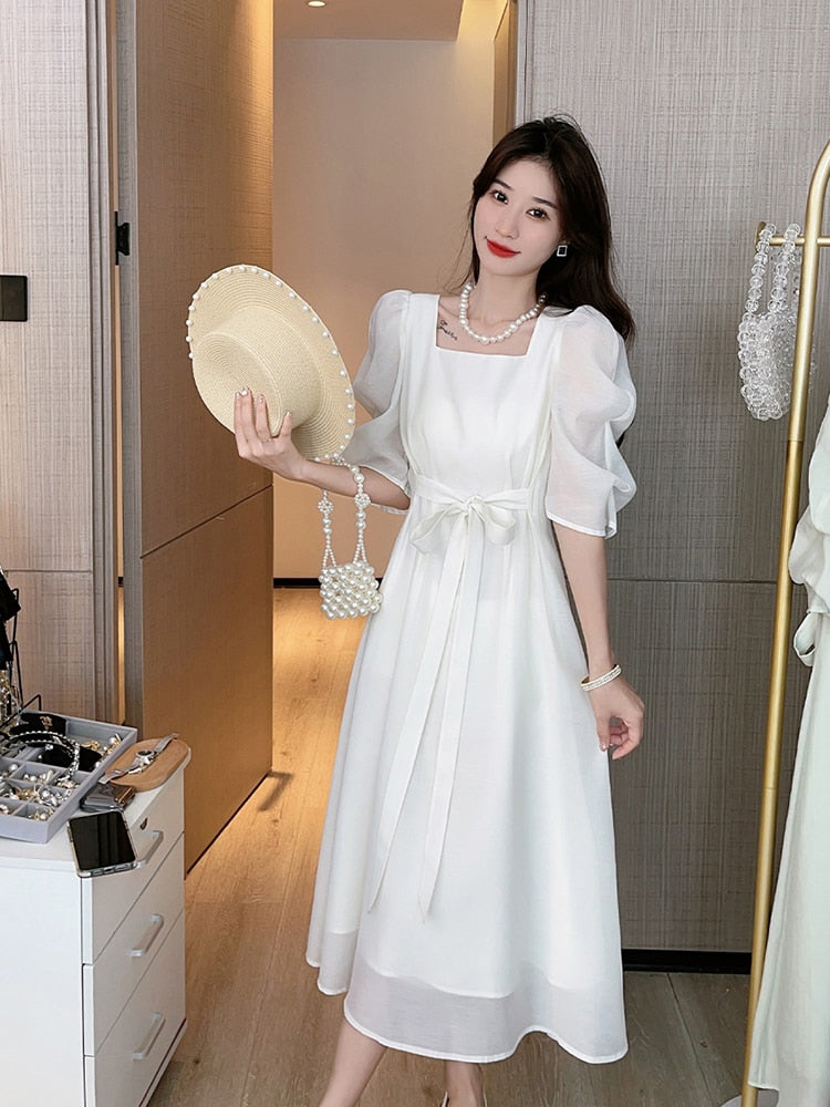 jinran Solid Sexy Casual Bow Square Collar Short Puff Sleeve Evening Midi Dresses for Women Summer New Maxi Dress Elegant Clothing