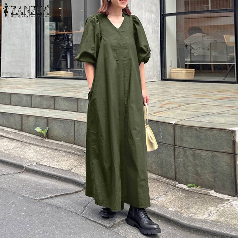jinran Women Casual V Neck Solid A-Line Vestido 2022 Fashion Long Puff Sleeve Sundress Holiday Dress Retro Kaftan Dress Oversize