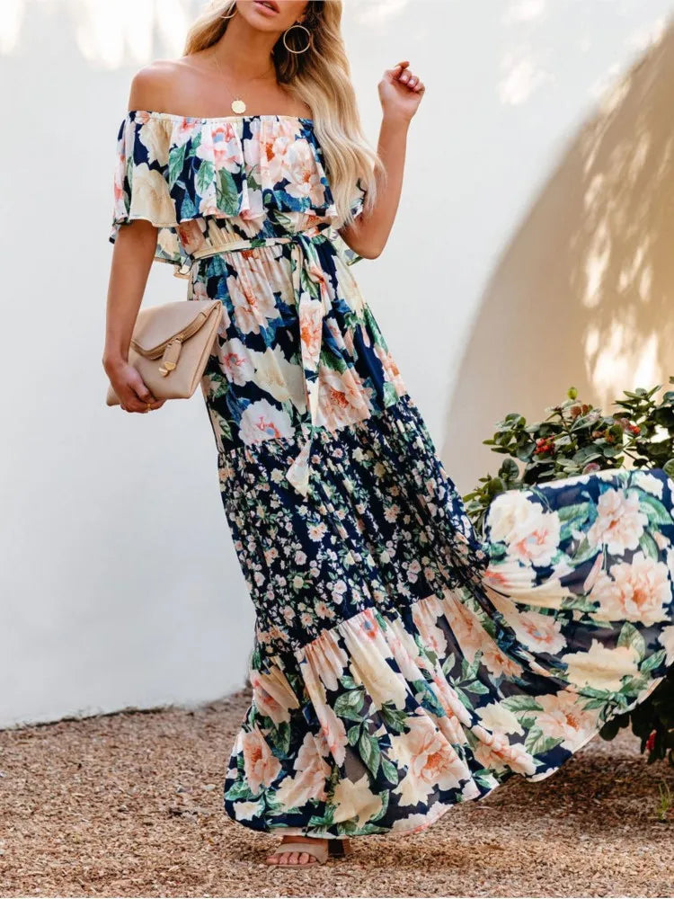 jinran Summer Women Print Boho Dress Fashion Sexy Slash Neck Maxi Dresses For Femme Casual Elegant Party Vestidos Robe 2024 New Female