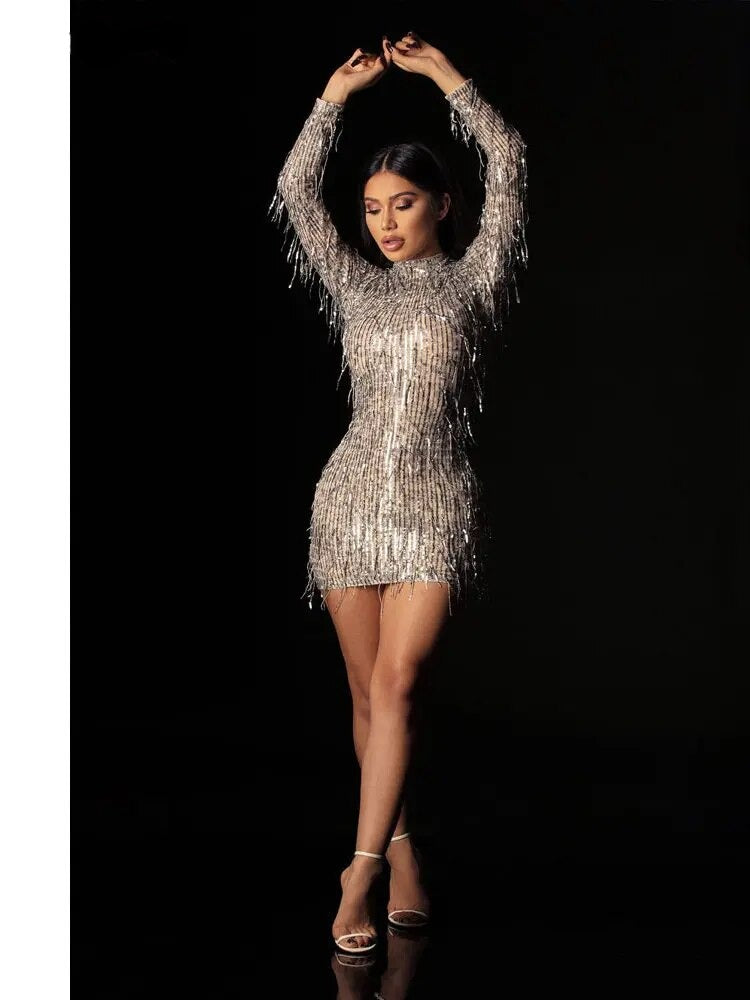 jinran - Eotvotee Sequins Tassel Dress for Women 2023 New Slim Long Sleeve Half High Collar Dresses Office Ladies Sexy Club Mini Dress