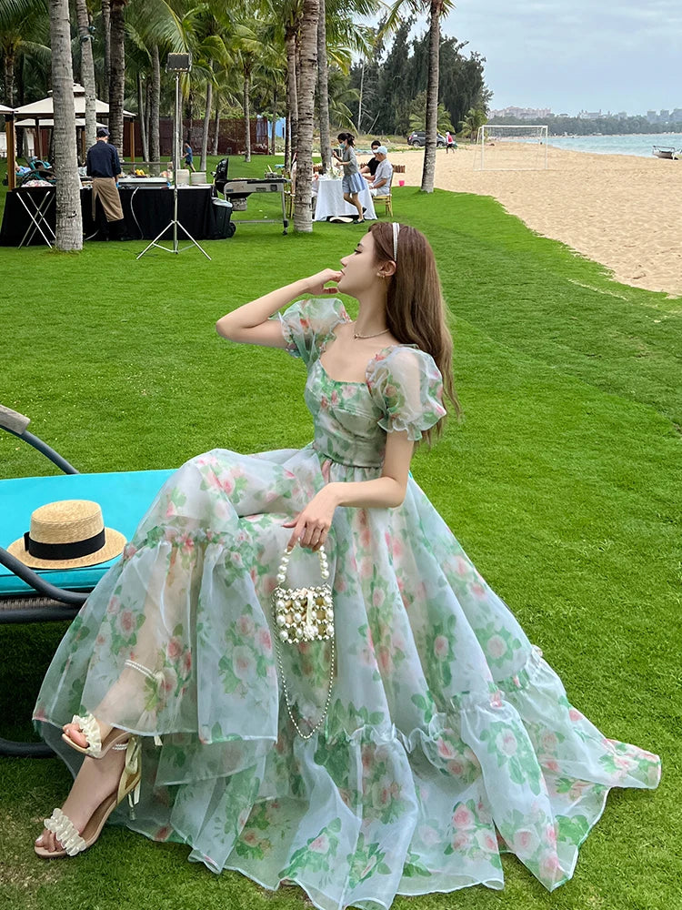 jinran Vintage Floral Evening Midi Maxi Dresses for Women Elegant Casual Party Prom Green Holiday Princess Fairy Long Dress Summer 2024