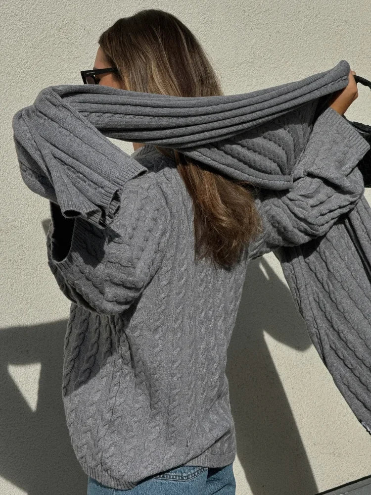 nvxiot - Autumn Solid Pleated Scarf Twisted Knitted Sweater Women Chic Long Flare Sleeve O-neck Knit Pullover 2024 Lady Streetwear