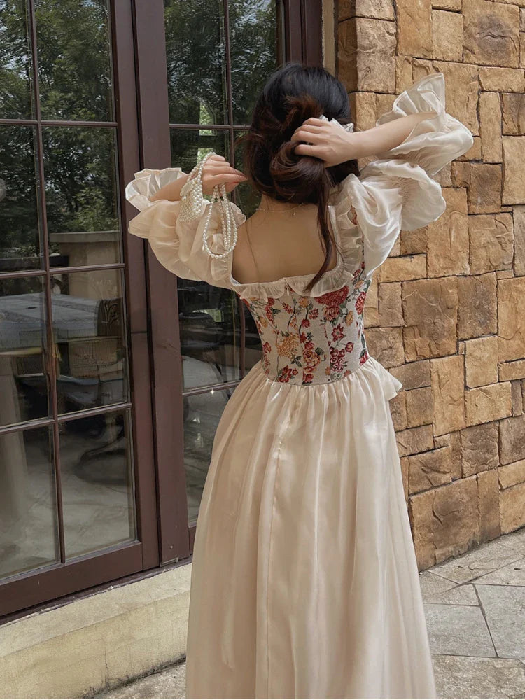 jinran Vintage Elegant Print Floral Dress Women 2024 Autumn O-neck Casual Evening Party Midi Dress Female Puff Sleeve Korea Fairy Dress