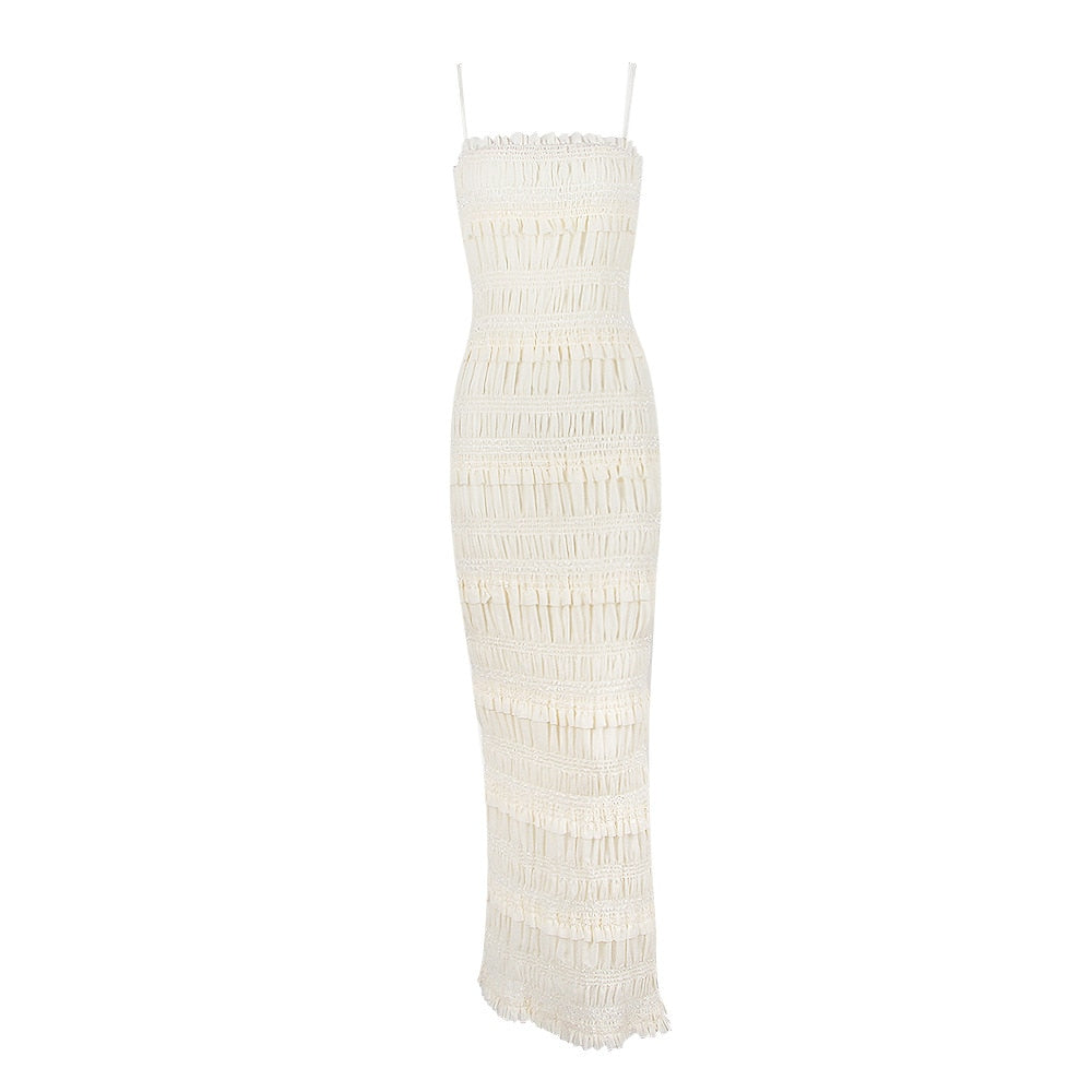 jinran Mingmingxi Luxury Gathered Maxi Formal Occasion Dresses Beige Spaghetti Strap Wedding Party Dresses Summer Prom Dress