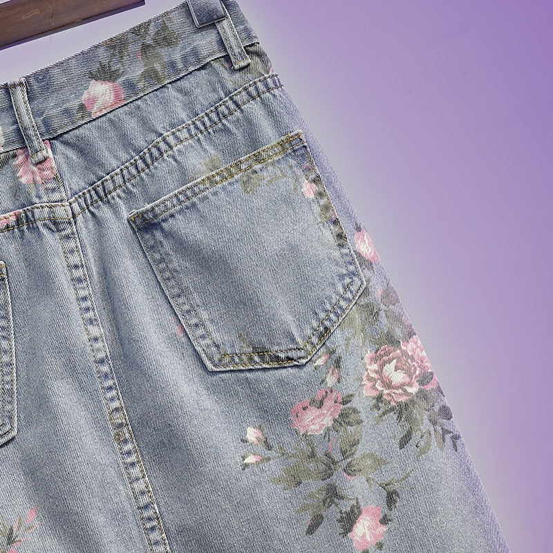 jinran Spring And Summer Trendy Flower Split Denim Skirt Women's 5XL Slightly Fat MM Thin Bag Hip Mid-length A-line Skirt