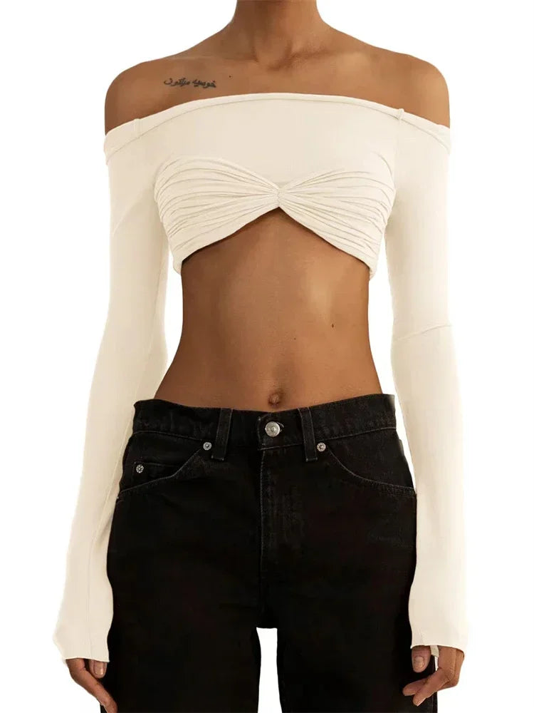 jinran Women Sheer Mesh Crop Top Twist See-Through Mesh Knit Copped Shirt Tops Bustier Off-Shoulder Long Sleeve Summer Hot Tops