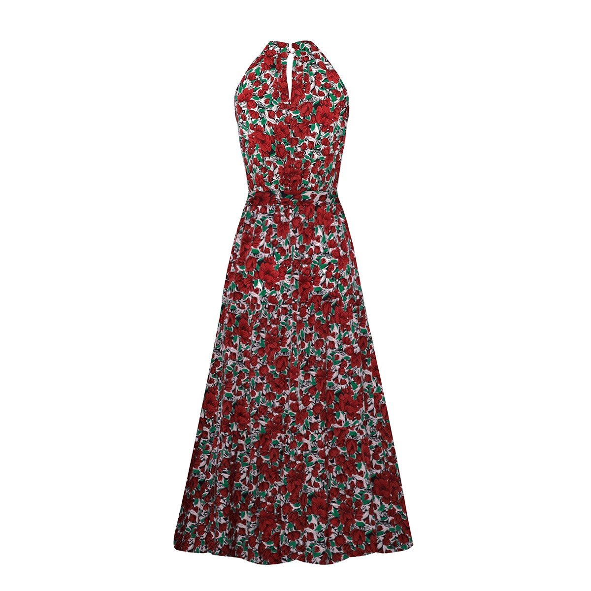 jinran Polka Dots Vintage Women Summer Halter Maxi Boho Dress Sleevless Navy Blue Floral Print Long Sash Beige A-line Beach Casual Robe