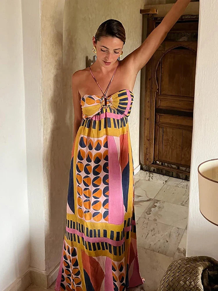 jinran Summer Printed Halter Long Dress Women Sleeveless Backless Lace Up Empire Female Dresses 2024 Holiday Lady Fashion Robes