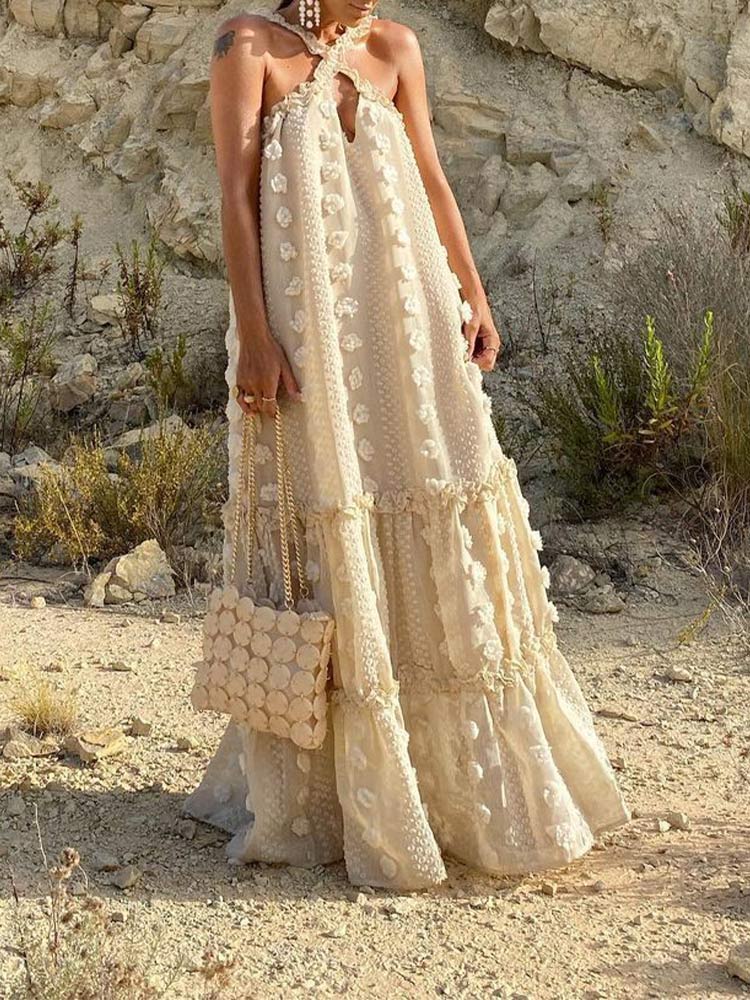 jinran Sleeveless Halter Maxi Summer Dress For Women Fashion Ruffle Beach Long Robe Elegant Slip Holiday Hollow Out Sundress