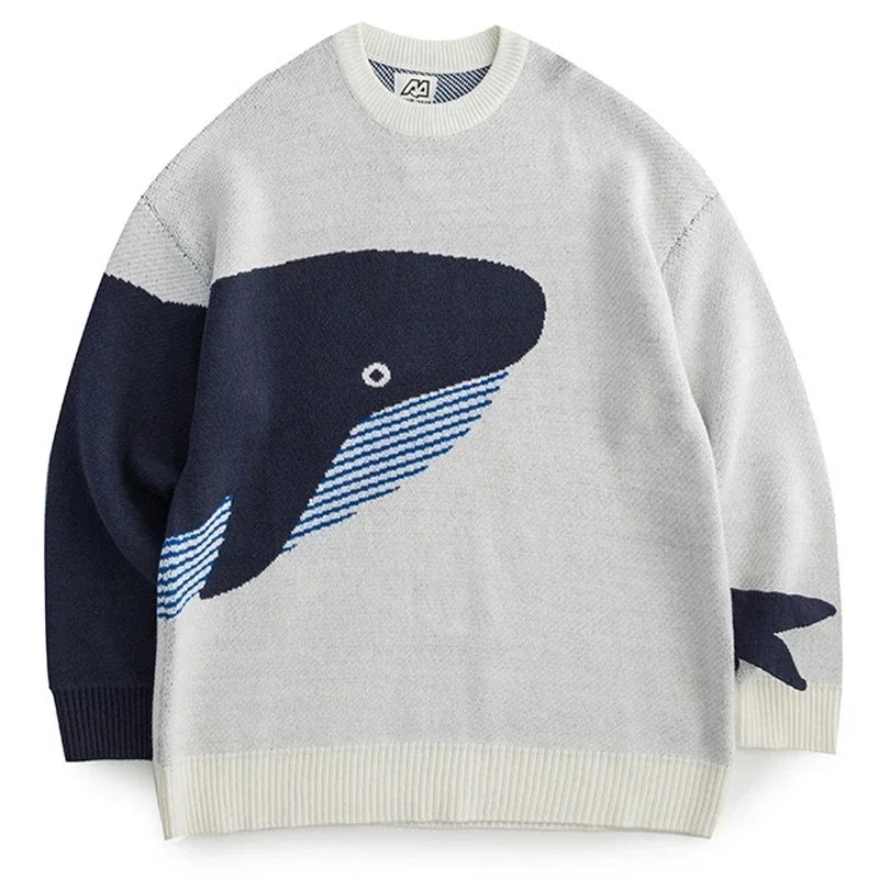 Men Harajuku Knitted Sweater Whale Cartoon Print Pullover Japanese College O-Neck Sweaters Oversized Couple Top Autumn Winter