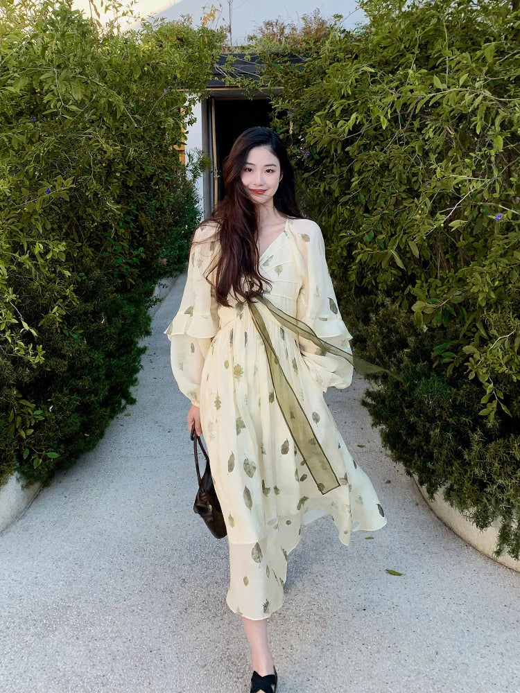 jinran French Vintage Floral Fairy Dress Women Casual Elegant Beach Style Party Dress Chiffon One Piece Dress Korean Women Summer