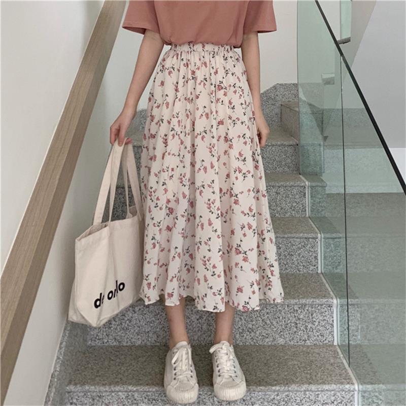 jinran Summer New Floral Print A Line Pleated Women Long Skirts 2022 Korean Fashion Elastic Waist Sweet Retro Midi Skirt Streetwear