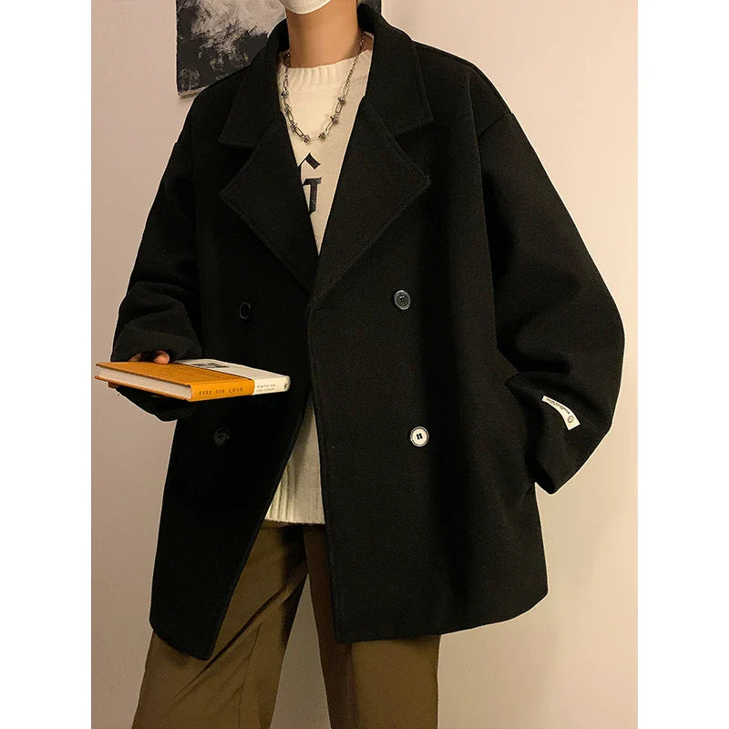 men Black Streetwear Winter Jacket Overcoat Classic Korean Fashion Trench Coat Oversized Windbreaker Wool Blends Coat