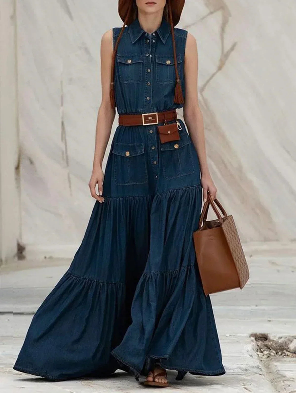 jinran Women Fashion Demin Tank Dress Turn Down Coallr Vintage Pleated A-Line Summer Casual Retro High Street Pockets Dresses 2024