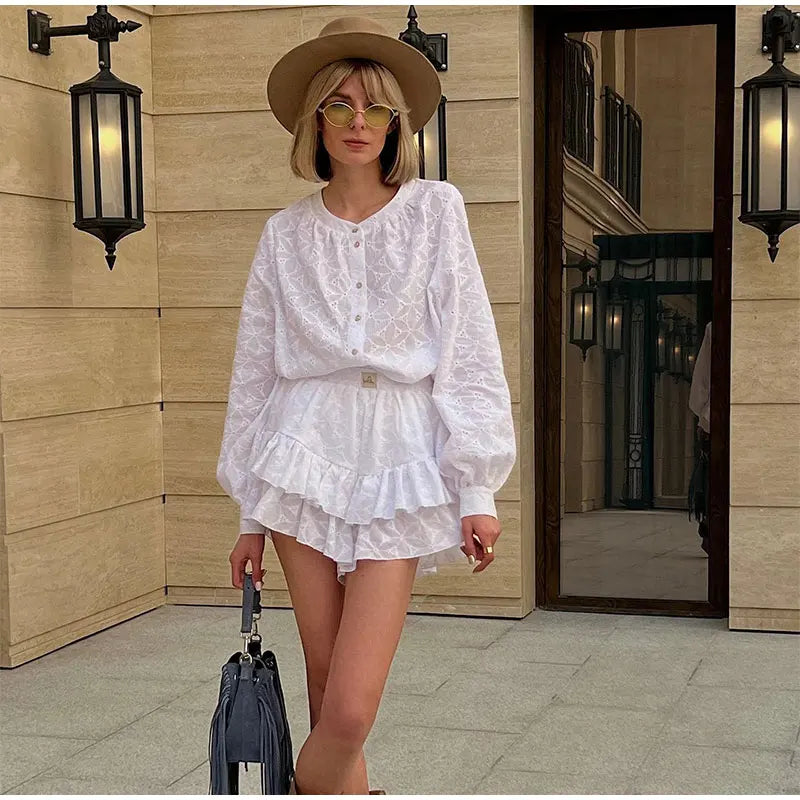 jinran Long Sleeved Shirt Shorts Sets Women Summer Stand Collar Single Breasted White Blouse Suits Casual Vacation 2 Pieces Set Outfit