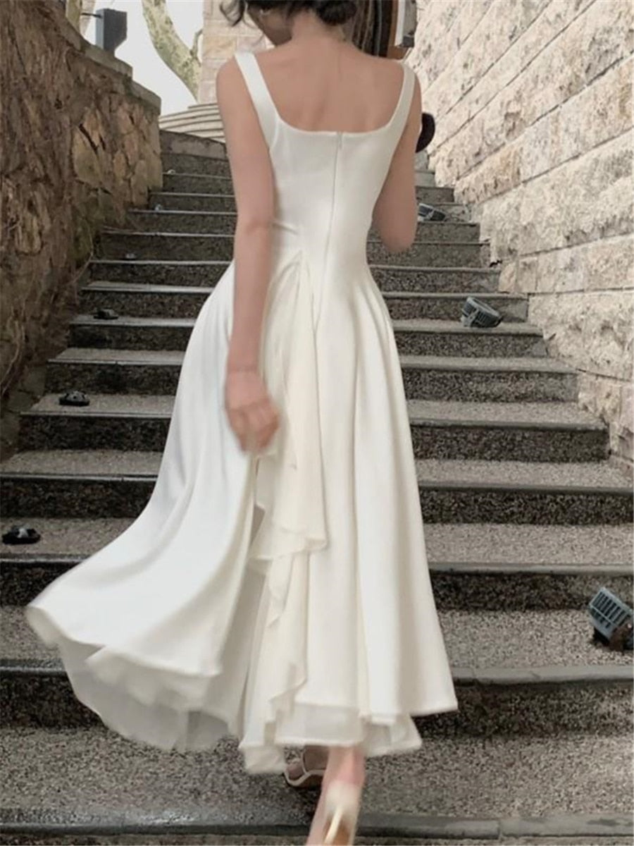 jinran Ruffles Midi Dresses Summer New Women French Elegant Square Neck Evening Party White Vestidos Fashion Princess Birthday Clothes