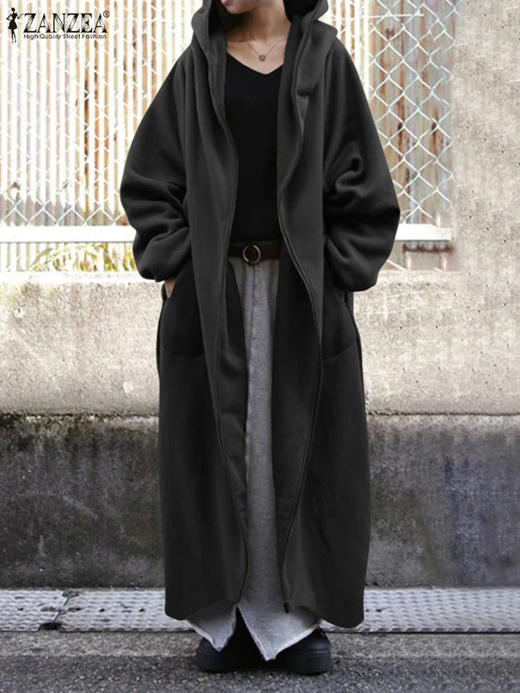 jinran 2024 Winter Fleece Outwear Autumn Hooded Long Coat Women Zipper Hoodies Long Sleeve Jackets Sweatshirt Robe Oversized