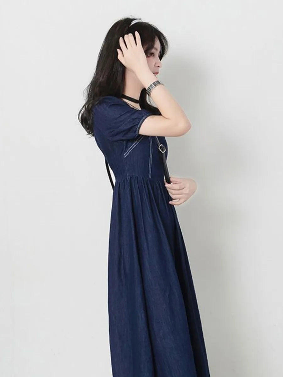 jinran Vintage Square Neck Denim Dress Women Chic Back Zipper Pleated Spliced Female Short Sleeve Dresses 2024 Summer New Vestido
