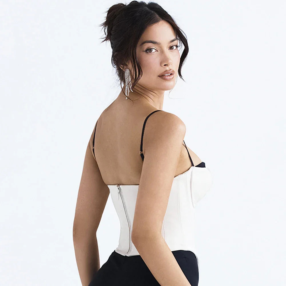 jinran Thick Satin Bustier Corset Crop Top with Chest Pads Spaghetti Strap White Bodycon Top Summer Women Tops with Fishbone
