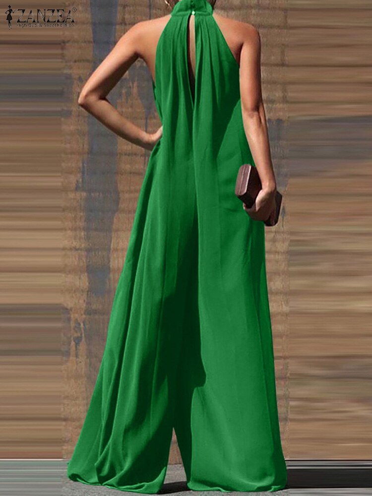jinran Fashion Women Jumpsuits Summer Pleated Wide Leg Overalls Casual Solid Sleeveless Loose Button Up Oversized Rompers