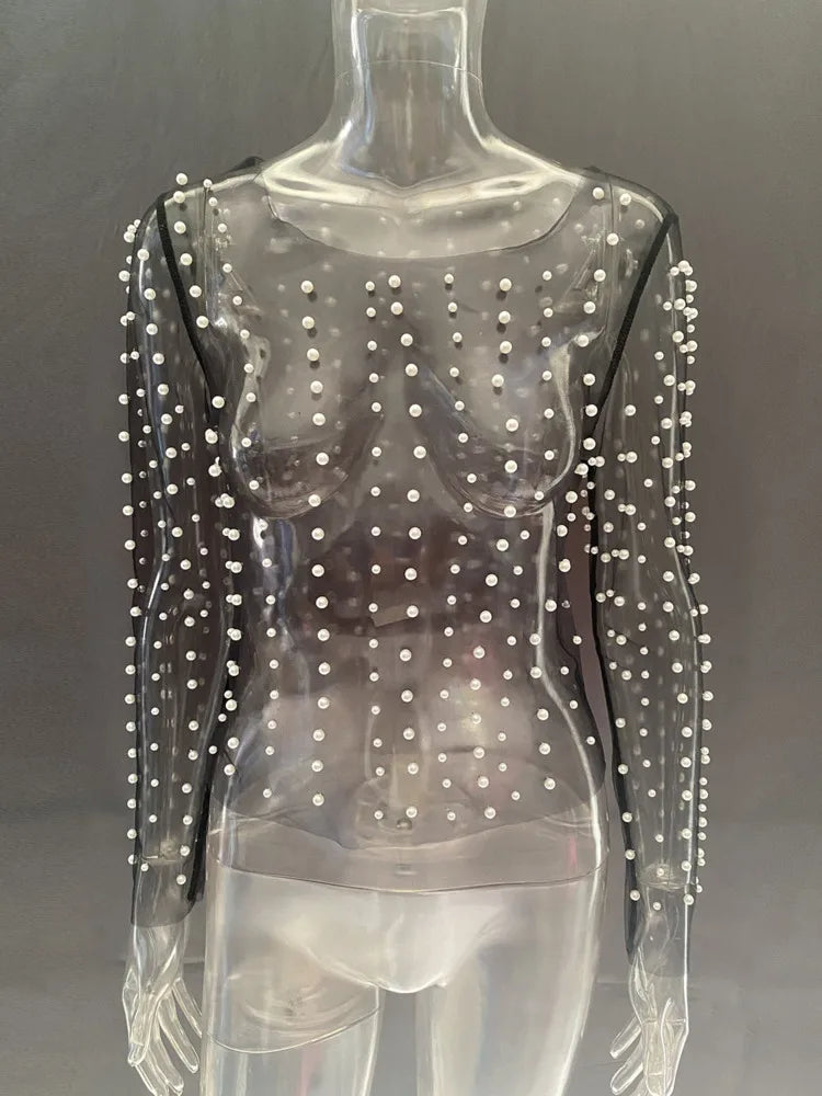 jinran Pearl Mesh See Through T-shirt Women Fashion Long Sleeve Pullover Blouse Ladies Summer U Neck Sexy Tee Shirt Tops