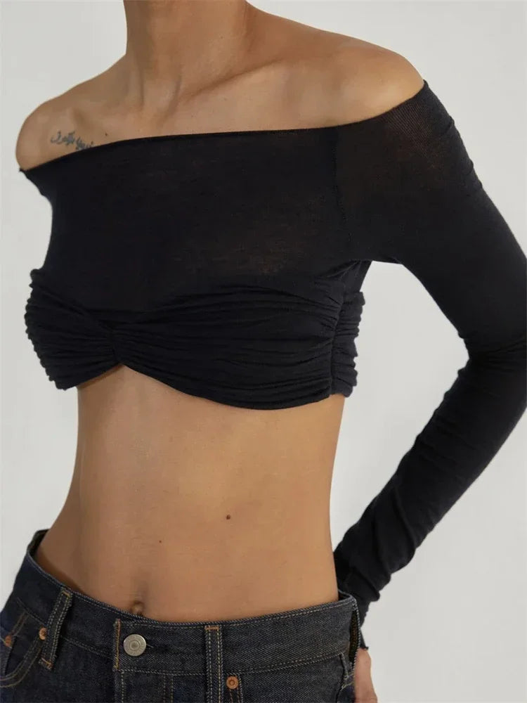 jinran Women Sheer Mesh Crop Top Twist See-Through Mesh Knit Copped Shirt Tops Bustier Off-Shoulder Long Sleeve Summer Hot Tops