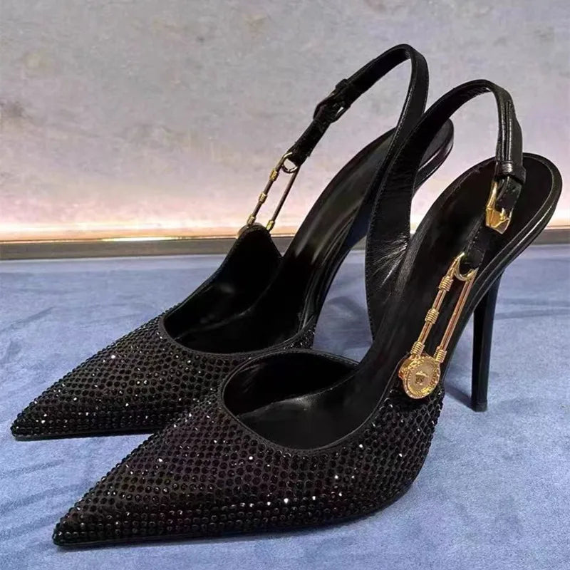 jinran Luxury Rhinestones Sequined Buckle Women Pumps Elegant Pointed toe Slingbacks Stiletto High heels Spring Summer Fashion Shoes