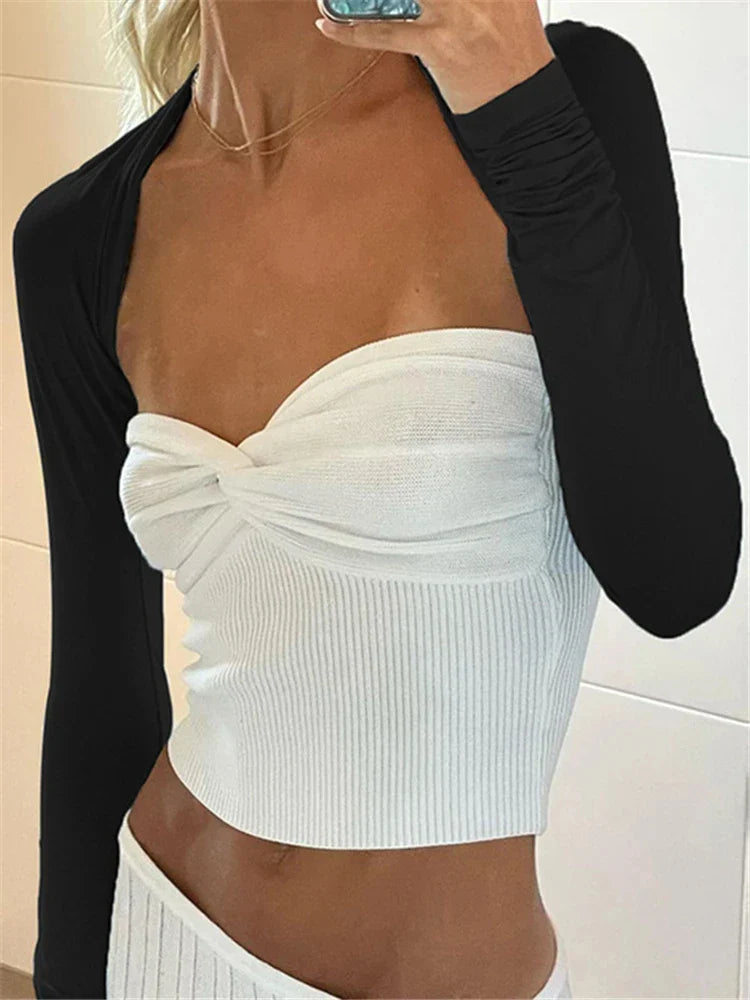 jinran Knit Tube Tops Women White Strapless Corset Tops Summer Basic Backless Off Shoulder Crop Top Bustier Casual Streetwear