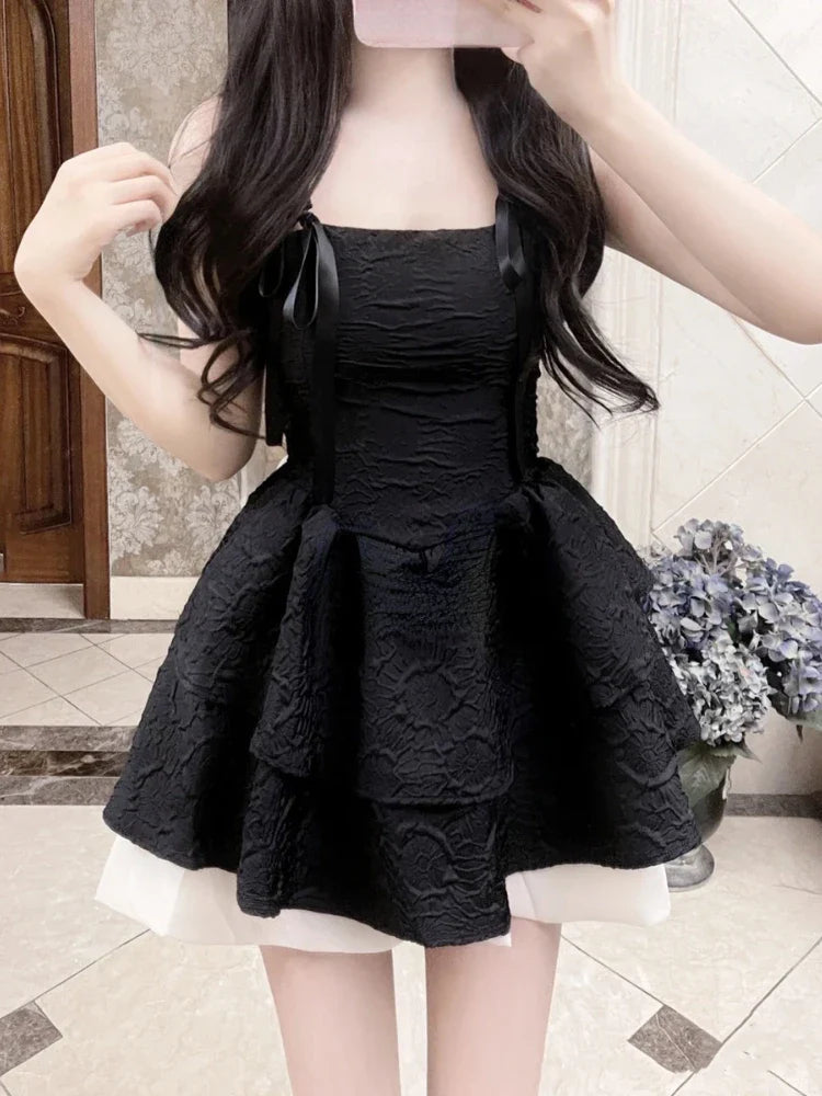 jinran One Piece Dress Korean Fashion Causal Y2k Party Mini Dress Office Lady Elegant Casual Black Strap Dress Women Summer chic