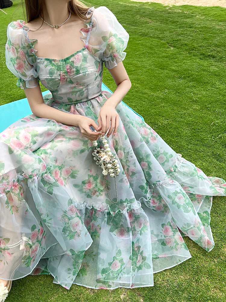 jinran Vintage Floral Evening Midi Maxi Dresses for Women Elegant Casual Party Prom Green Holiday Princess Fairy Long Dress Summer 2024