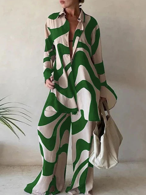 jinran Elegant Summer Stripes Shirt Pants Set Women Loose Long Sleeve Blouses Matching Wide Trousers Suit 2024 Casual 2 Piece Pant Set