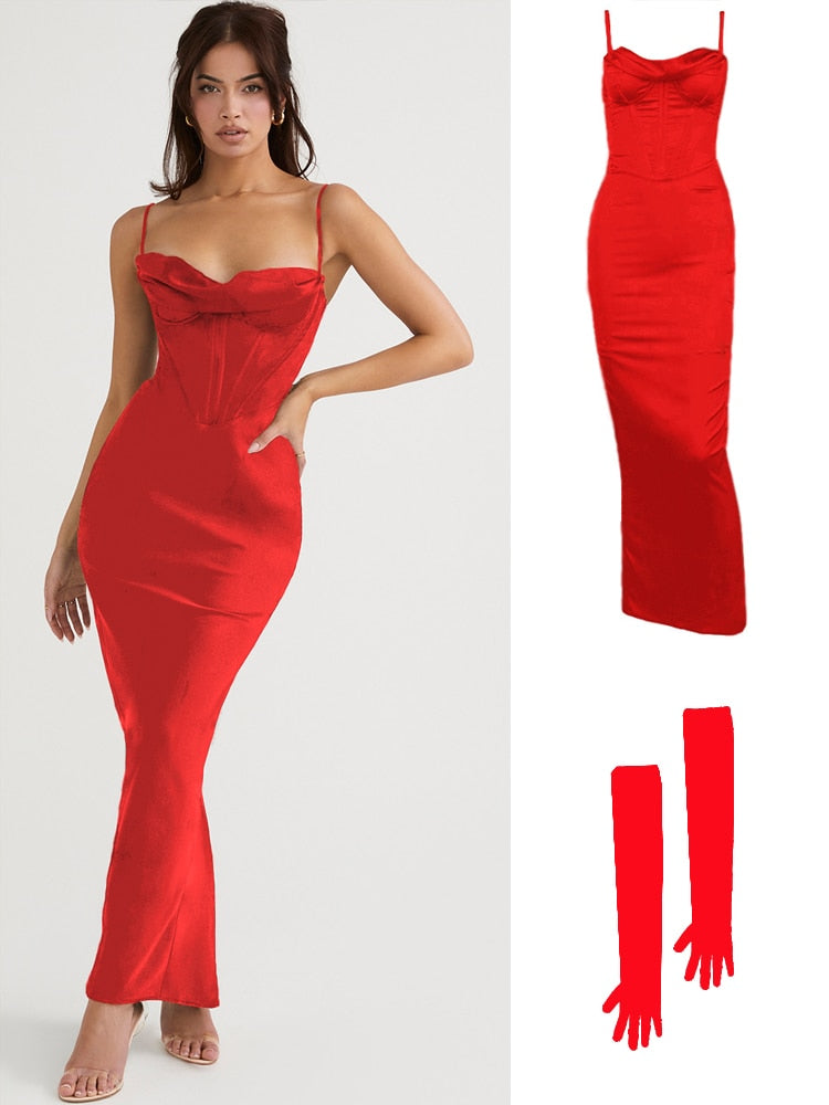 jinran Summer Satin Maxi Bodycon Dress Sexy Event Night Wedding Guest Dress Women Corset Party Dresses Pink Slit Dress High Quality