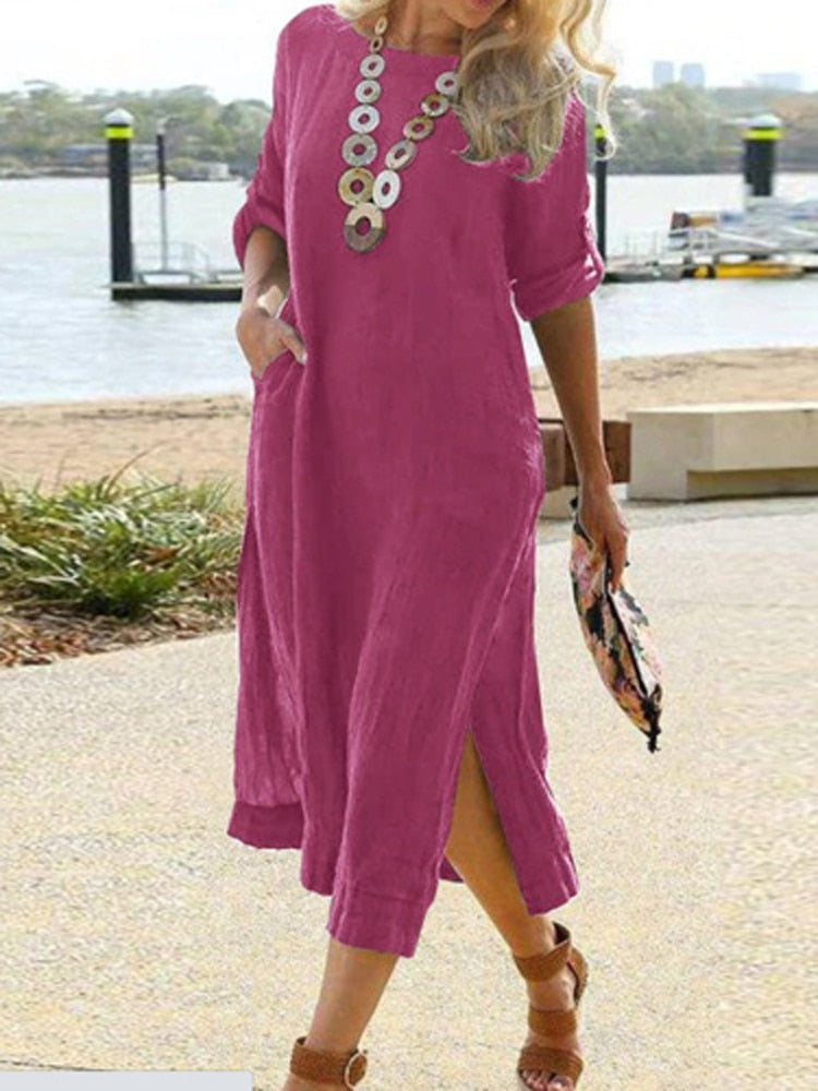jinran Summer Short Sleeve Crew Neck Summer Dress Lady Holiday Solid Split Boho Long Dress Women Casual Loose Sundress Cover Up
